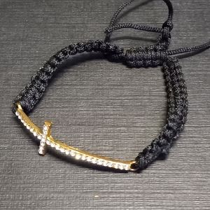 Gold tone CZ cross adjustable black cord bracelet